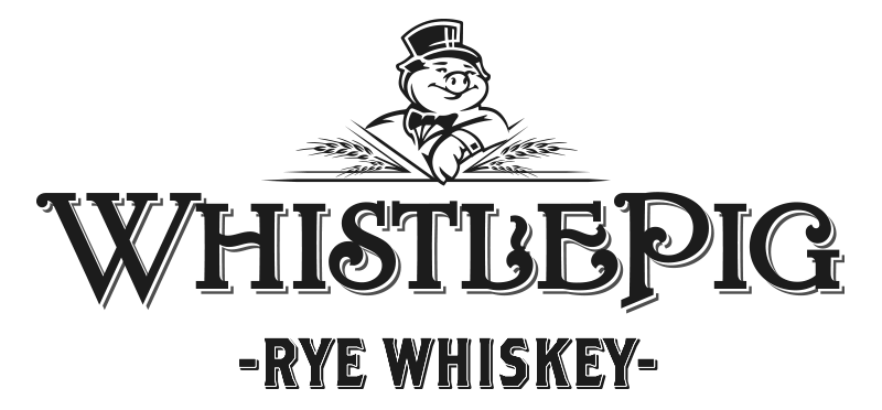 A vintage Whistlepig rye whiskey logo featuring a cartoon pig mascot wearing a top hat and monocle.