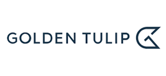 A hotel logo featuring the text 'GOLDEN TULIP' in dark blue letters with a stylized tulip flower icon.