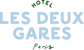 Vintage hotel logo design for Hotel Les Deux Gares Paris featuring green and blue text on white background.