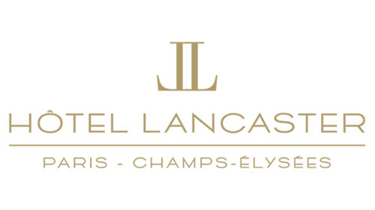 Elegant gold Hotel Lancaster logo design with Paris Champs-Elysees text on white background.