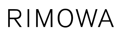 Silver and black Rimowa logo text displayed on a white background with minimalist typography.