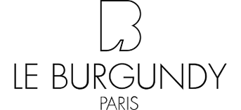 Minimalist line drawing of a modern hotel building with text reading 'Le Burgundy Paris' in black and white.