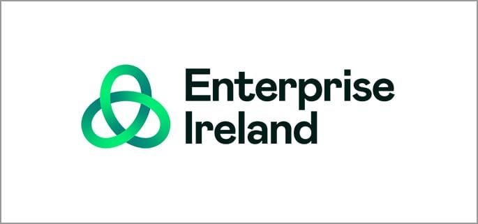 Three green and white logos for Enterprise Ireland showing variations of the branding design.