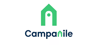 A green and blue Campanile logo design featuring a stylized bell tower icon with text on a white background.