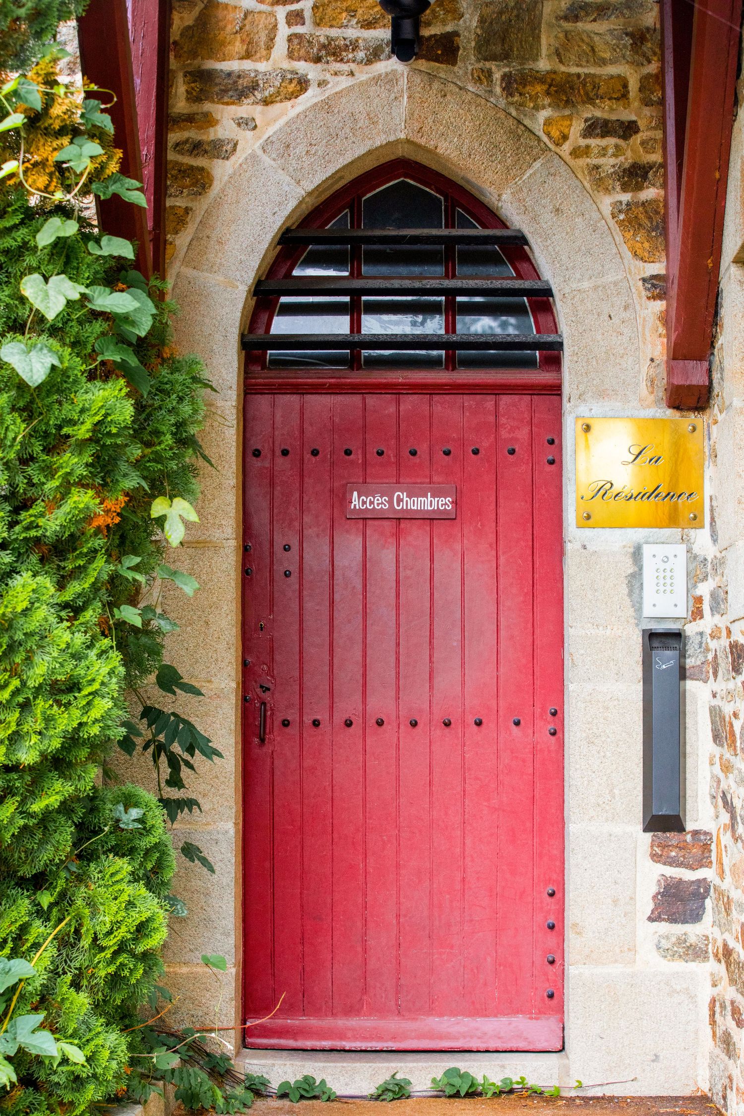 Three red wooden doors with black metal hardware set in stone archways with green ivy growing along the walls.