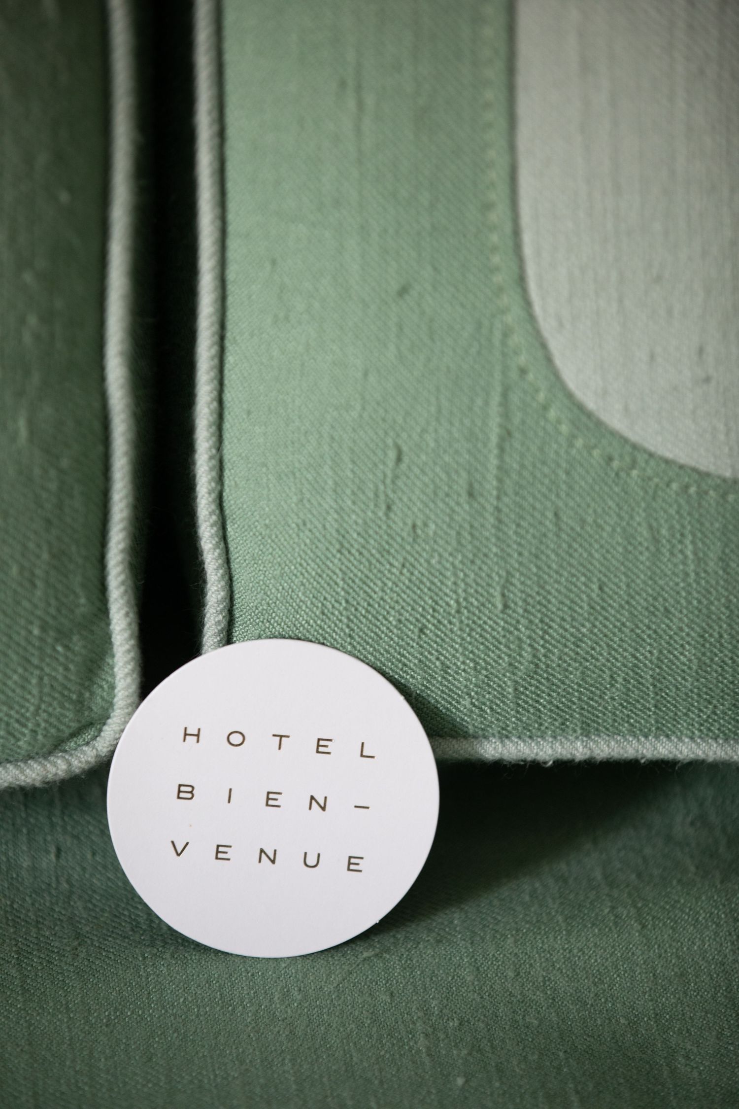 Three white oval labels with minimalist text spelling 'HOTEL VENUE BIEN' arranged on a green textured surface.