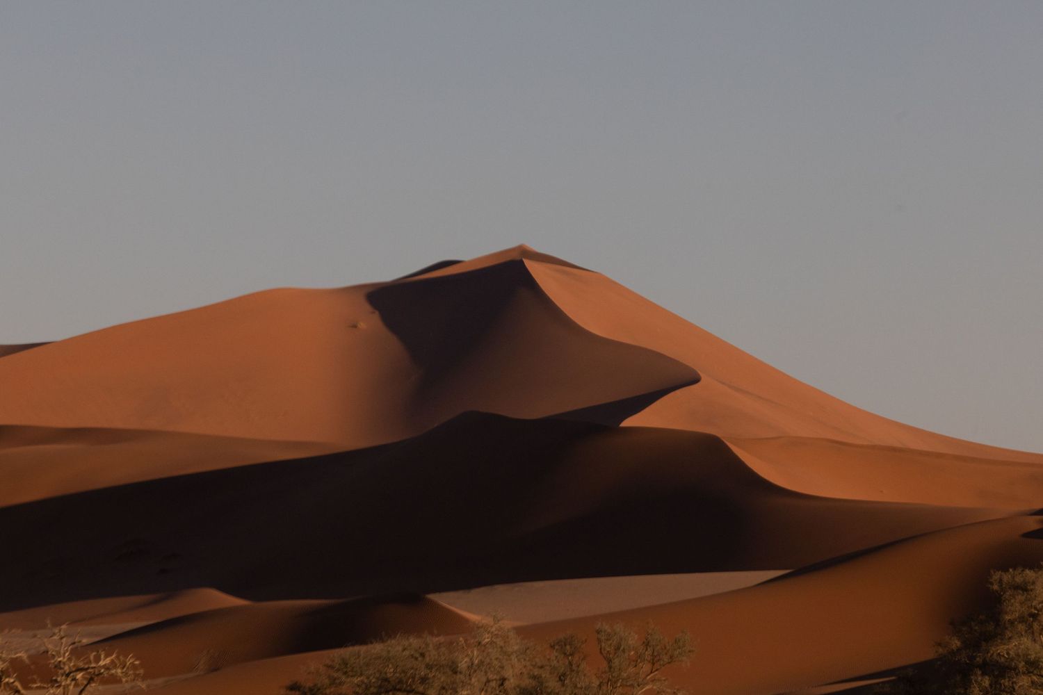 Towering orange sand dunes cast dramatic shadows across a desert landscape at sunset.