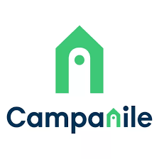 A green and blue real estate company logo design featuring house icons and the text Campaline.