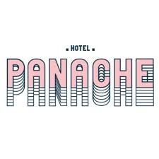 A stylized hotel sign design with text displayed in pink and white geometric lettering against a light background.
