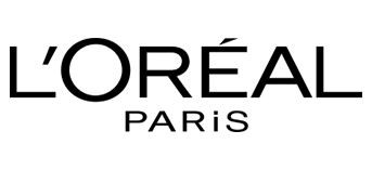 L'Oreal Paris black and white logo design on white background with stylized text and branding elements.