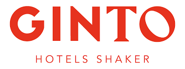 Red text logo design for Ginto Hotels Shaker displaying stylized lettering against white background.