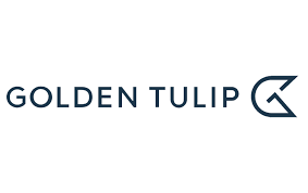 A dark blue logo design featuring the text 'GOLDEN TULIP' with a stylized tulip flower shape incorporated into the letter G.
