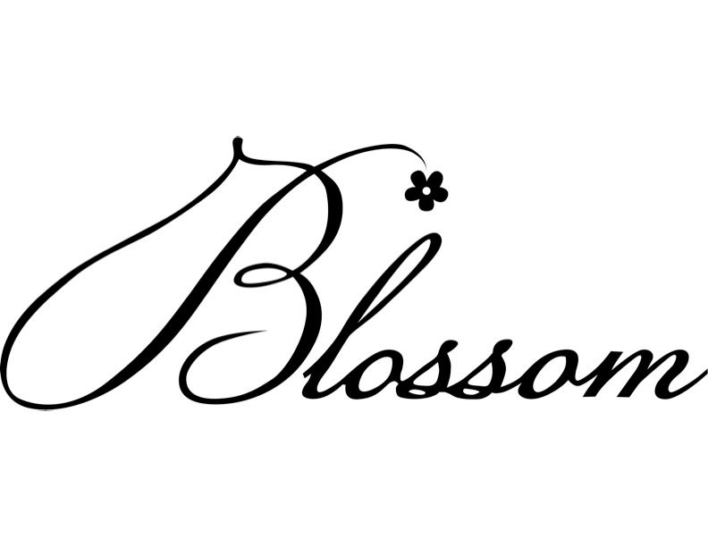 Elegant black cursive Blossom logo with decorative flower accent on white background.