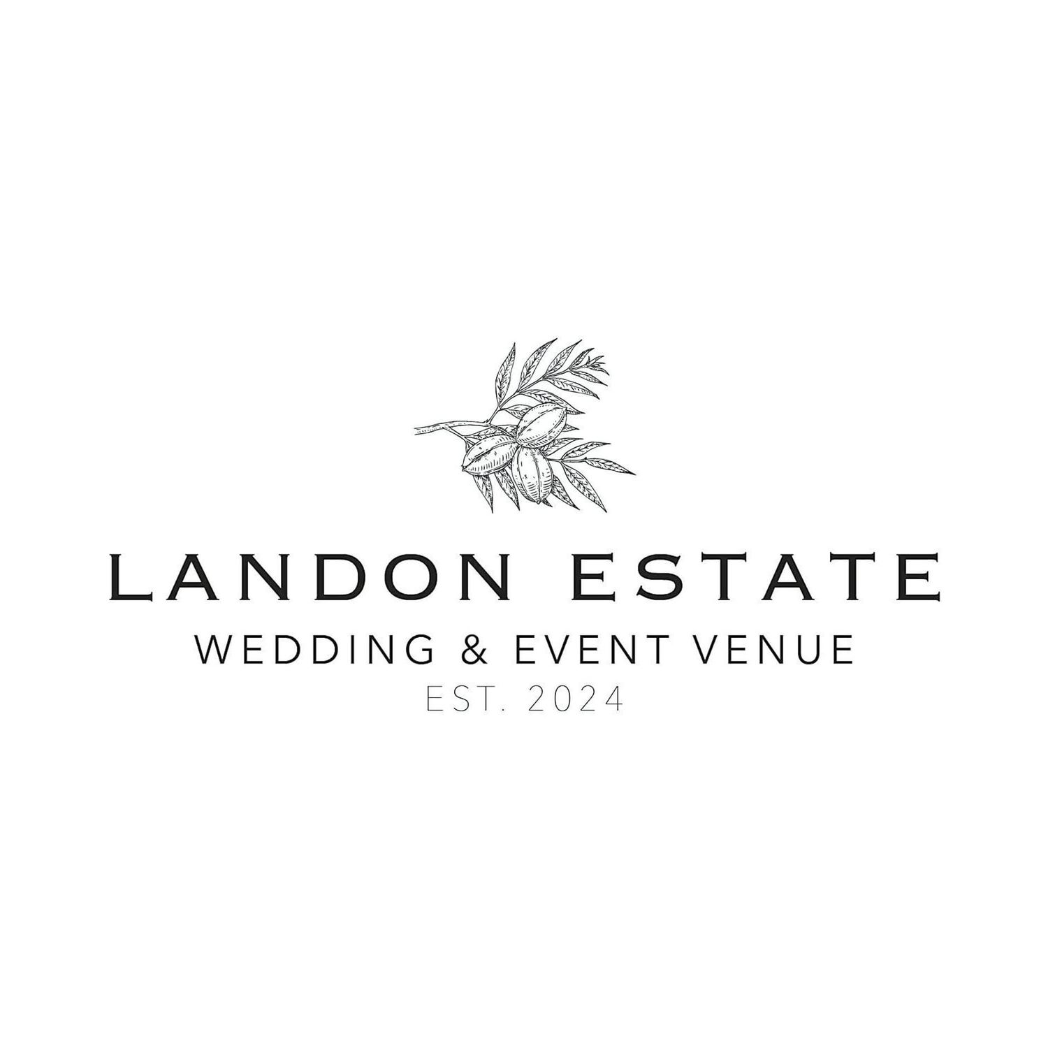 Landon Estate Wedding & Event Venue logo with elegant olive branch illustration, established 2024.
