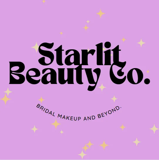 Starlit Beauty Co. bridal makeup and beyond logo on purple background with gold stars.