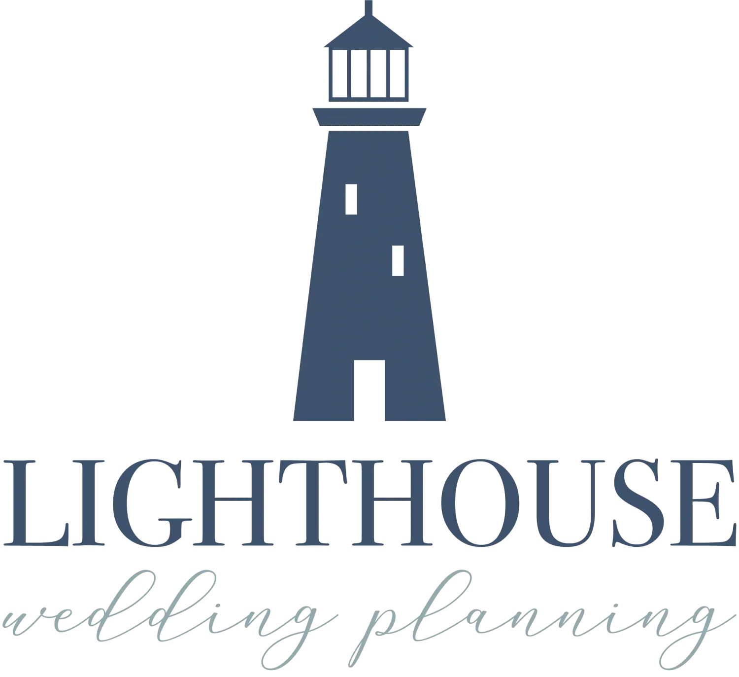 Lighthouse Wedding Planning logo featuring a blue lighthouse illustration with elegant script typography.