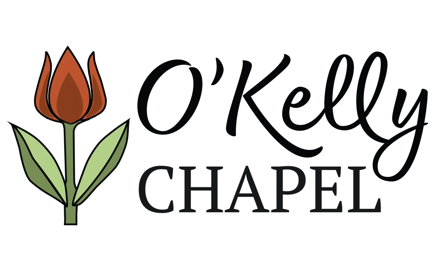 O'Kelly Chapel logo featuring a red tulip with green leaves and elegant black script typography.