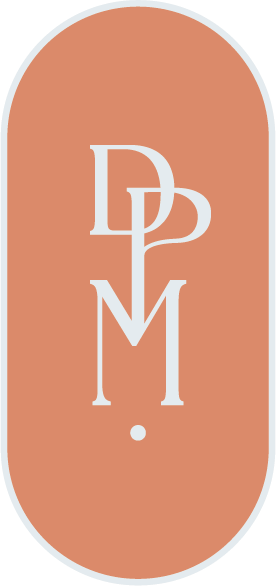 Monogram logo design featuring DPM letters in white on coral pink oval background.