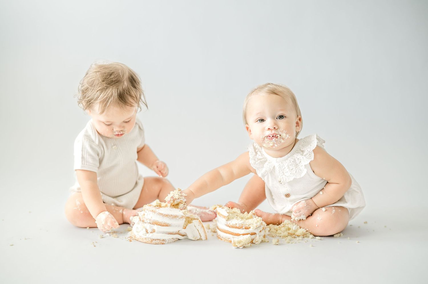 A series of connected photos showing a baby in white clothing playing with colorful toys on a light background.
