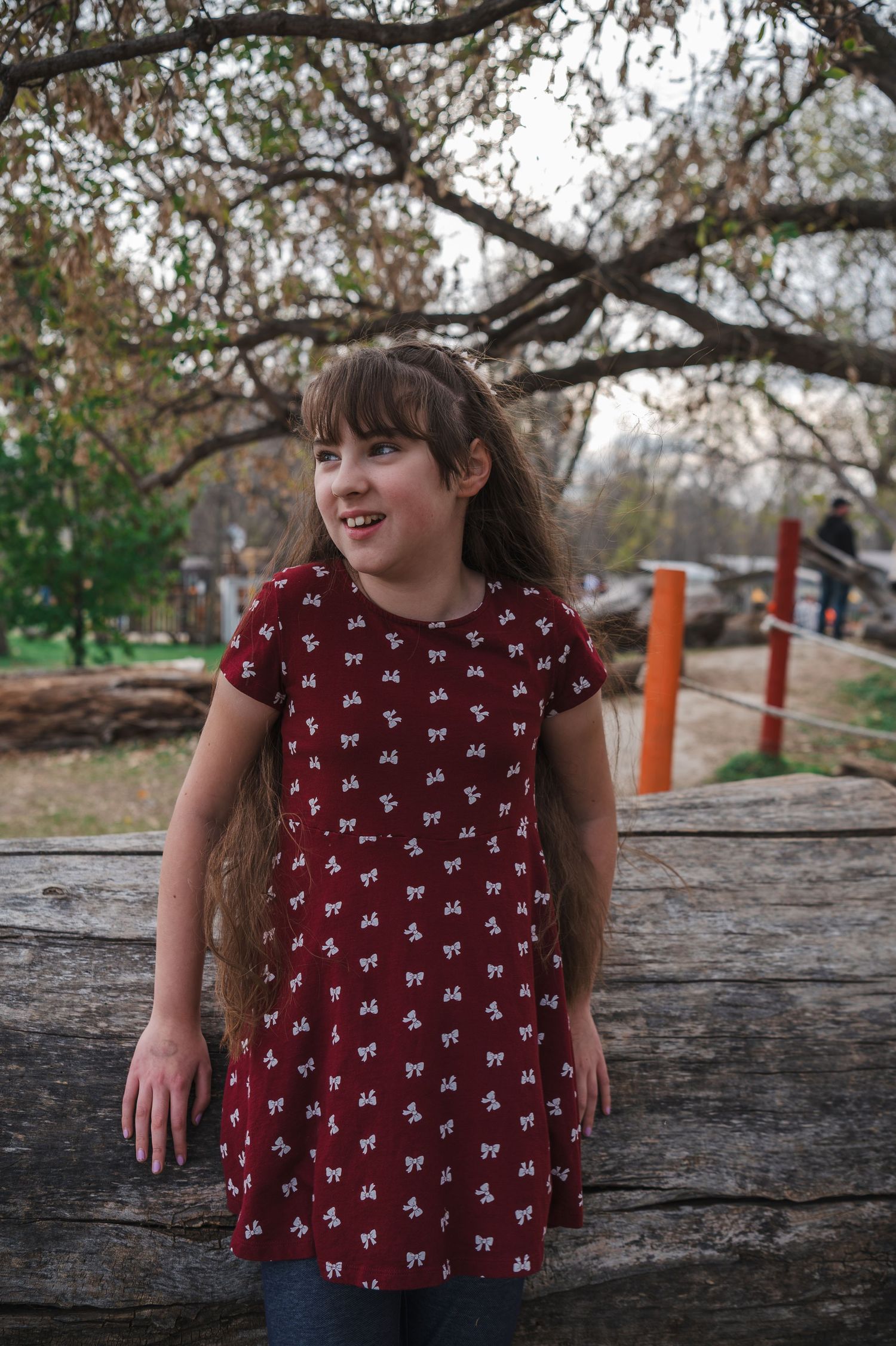 Child sitting on rustic wooden fence in a burgundy patterned dress.