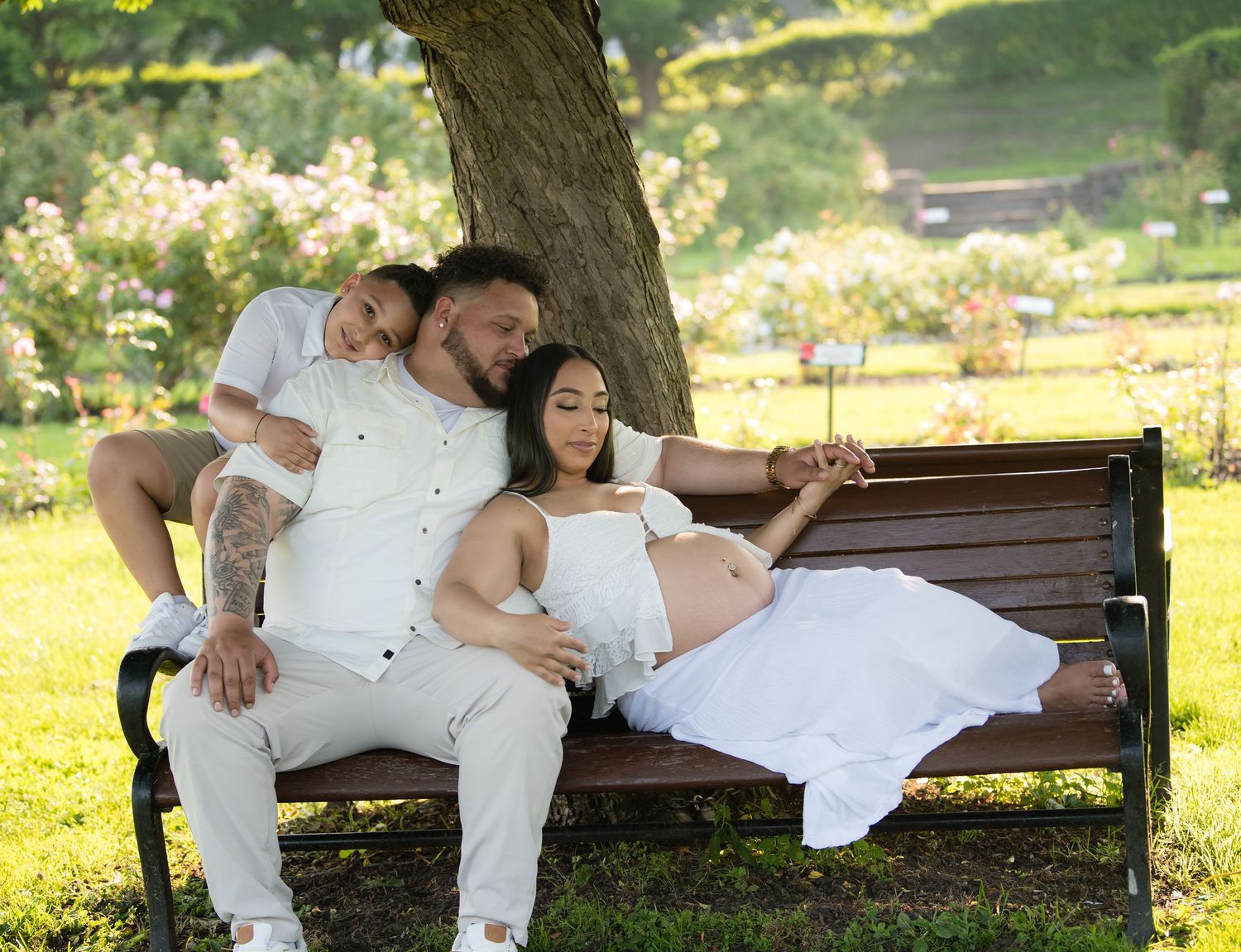 Family maternity photo on a park bench under a tree, all dressed in white.