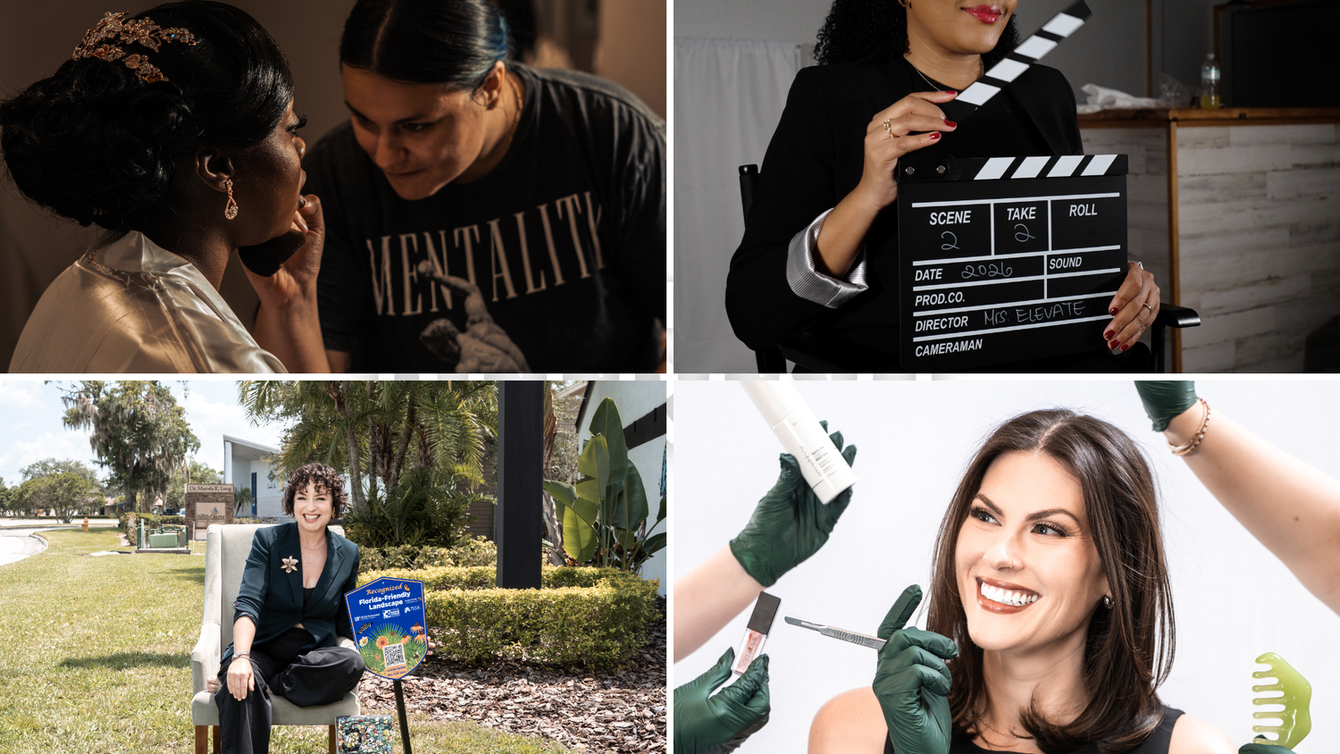 A collage of four images showing a couple, a filmmaker with a clapperboard, a woman outdoors, and a smiling woman with tools.