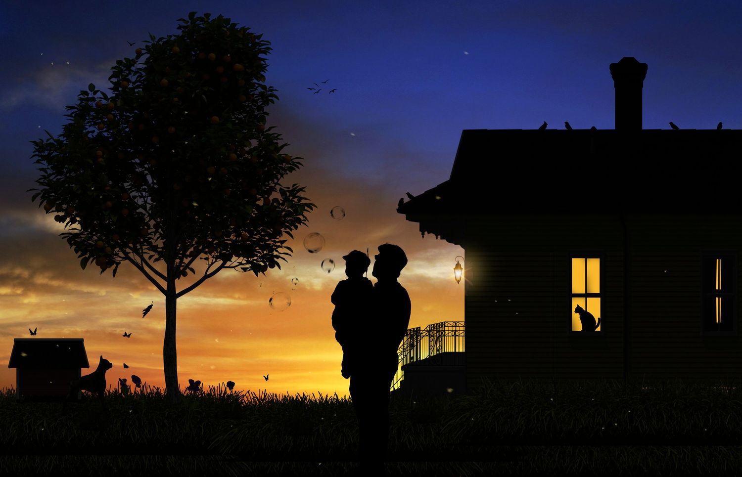Silhouettes stand beside a house with illuminated window against vibrant sunset sky with lone tree in foreground.