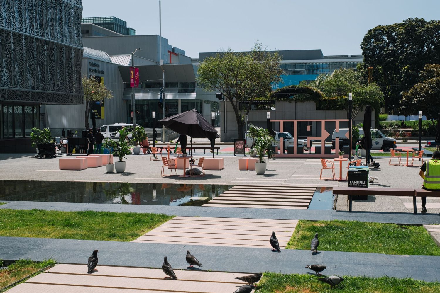 Urban plaza with pigeons and modern buildings on a sunny day.