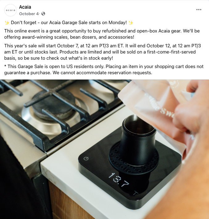 Social media post announcing Acaia garage sale details with coffee equipment in the background.