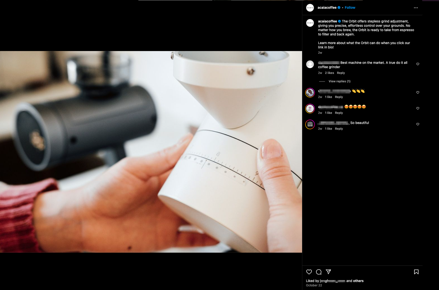Hands examining white coffee brewing equipment next to black camera lens.