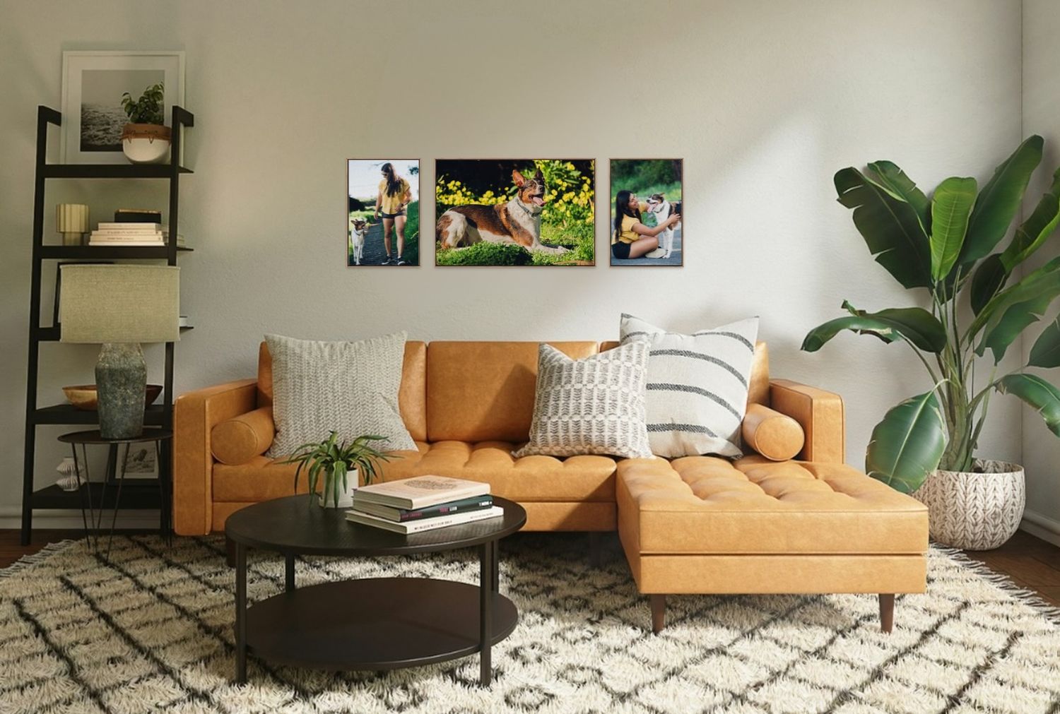 Modern living room with orange sectional sofa, black coffee table, patterned rug, and three nature canvas prints on white wall.