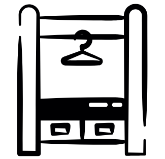Minimalist line art illustration of various home appliances and furniture items arranged in a row.