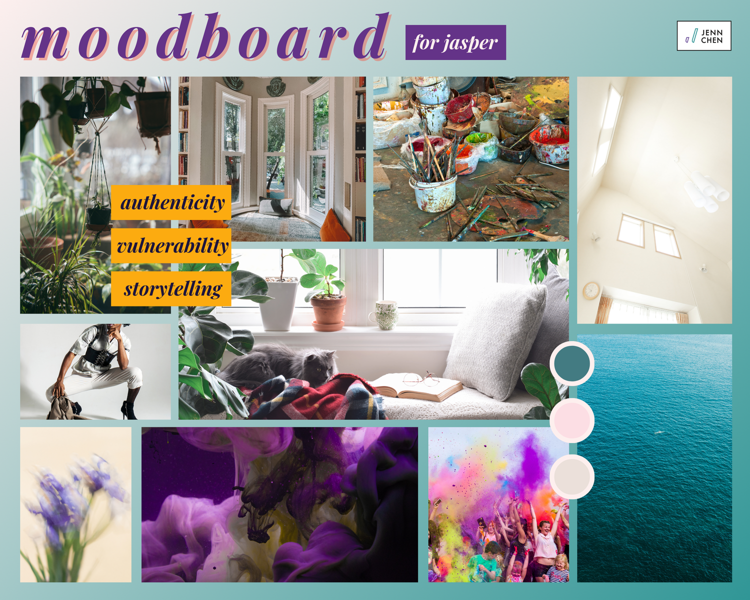 A purple and turquoise aesthetic moodboard features interior spaces, floral elements, and cozy home decor details.