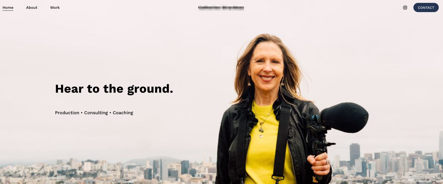 Example of personal branding hero image for a woman, audio producer, creative entrepreneur. Outdoors in San Francisco.