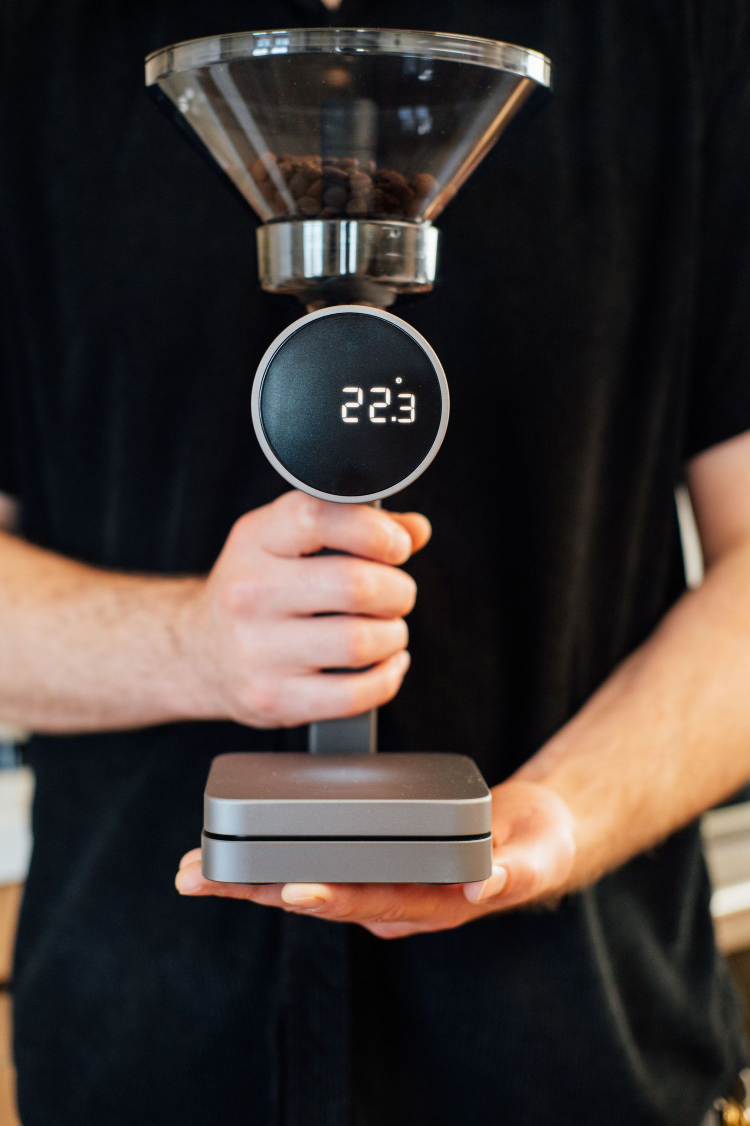 Doser displays reading of 223 grams.