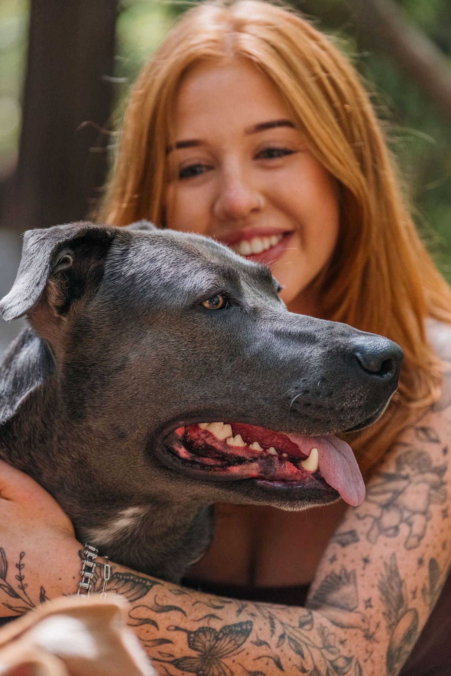 Smiling redhead woman with tattoos hugging a gray pit bull dog outdoors.