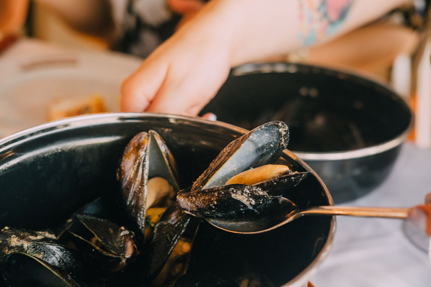 Fresh mussels being cooked in a black pan on a stovetop.
