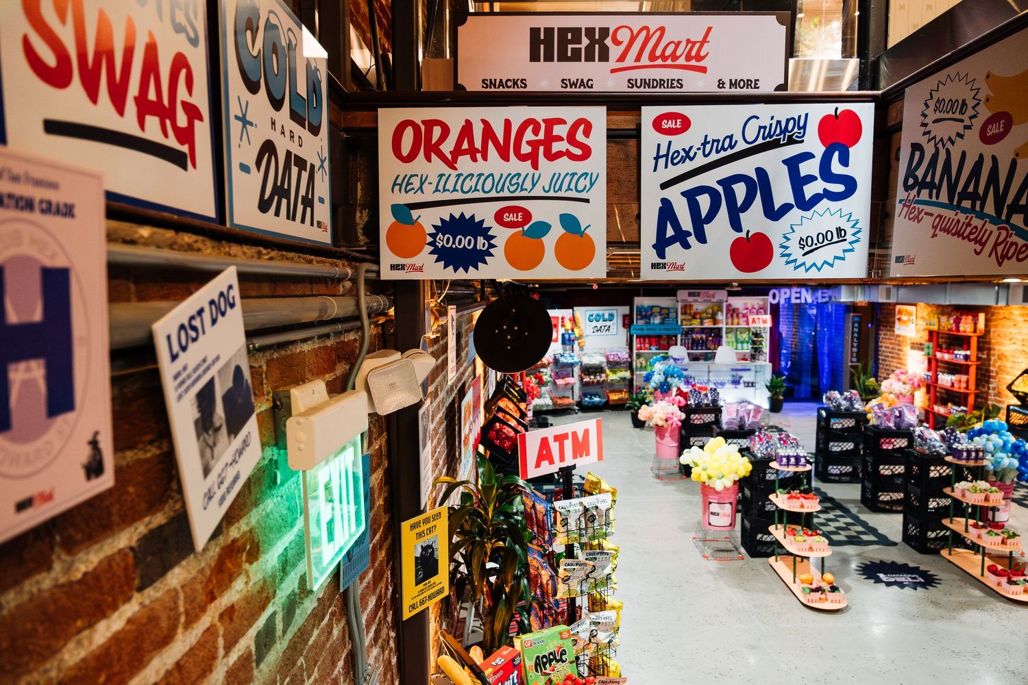 Colorful convenience store interior with neon signs advertising oranges, apples, and bananas at HexMart.