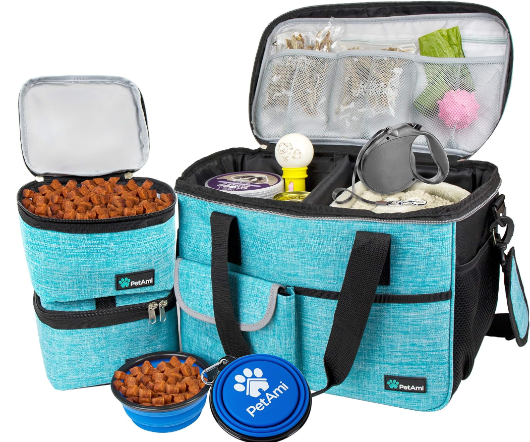 Teal pet travel bag set with food containers, collapsible bowl, and organized compartments for dog supplies.