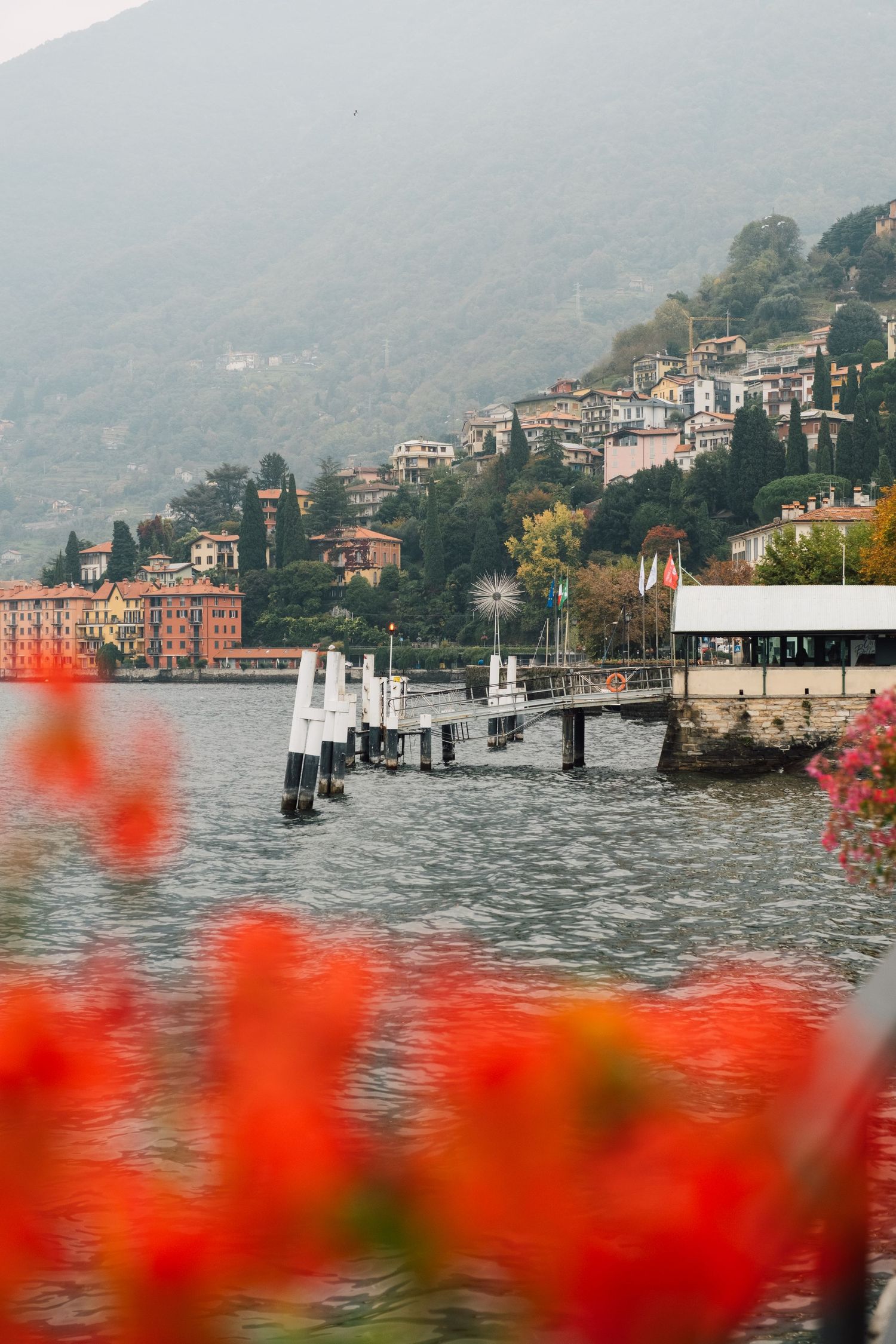 Scenic view of Lake Como with red flowers in foreground and misty mountains with Italian buildings in background.