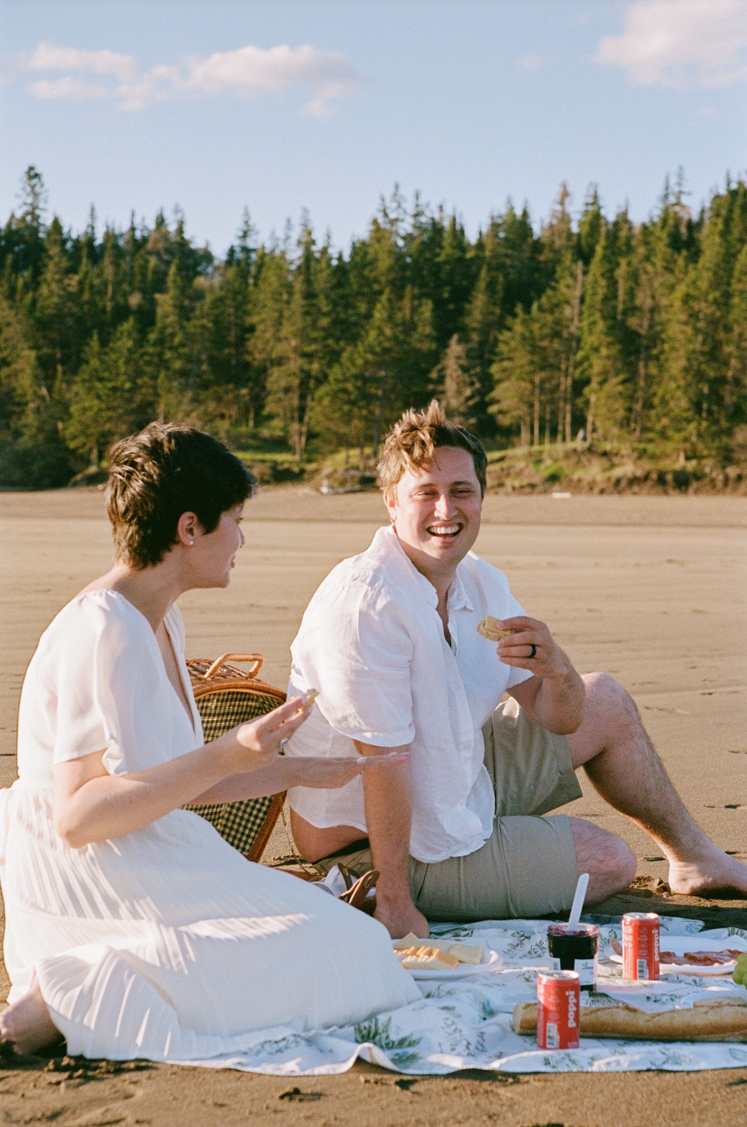 Couple at Mispec Beach, taken on 35mm Film, Engagement Photo Session on film, New Brunswick, Saint John Film Photographer