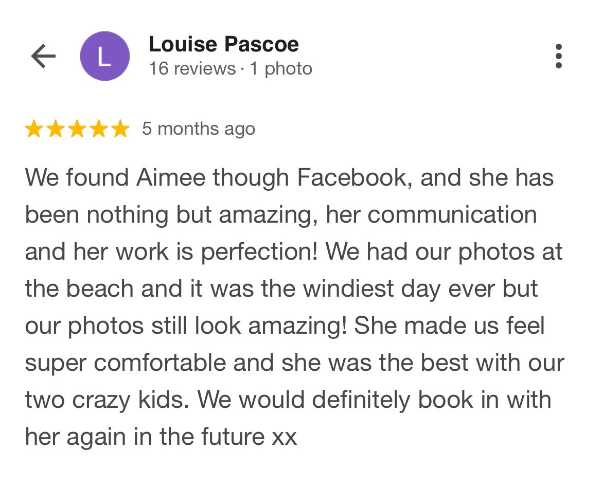A 5-star review screenshot from Facebook showing positive feedback about a beach photography session in windy conditions.