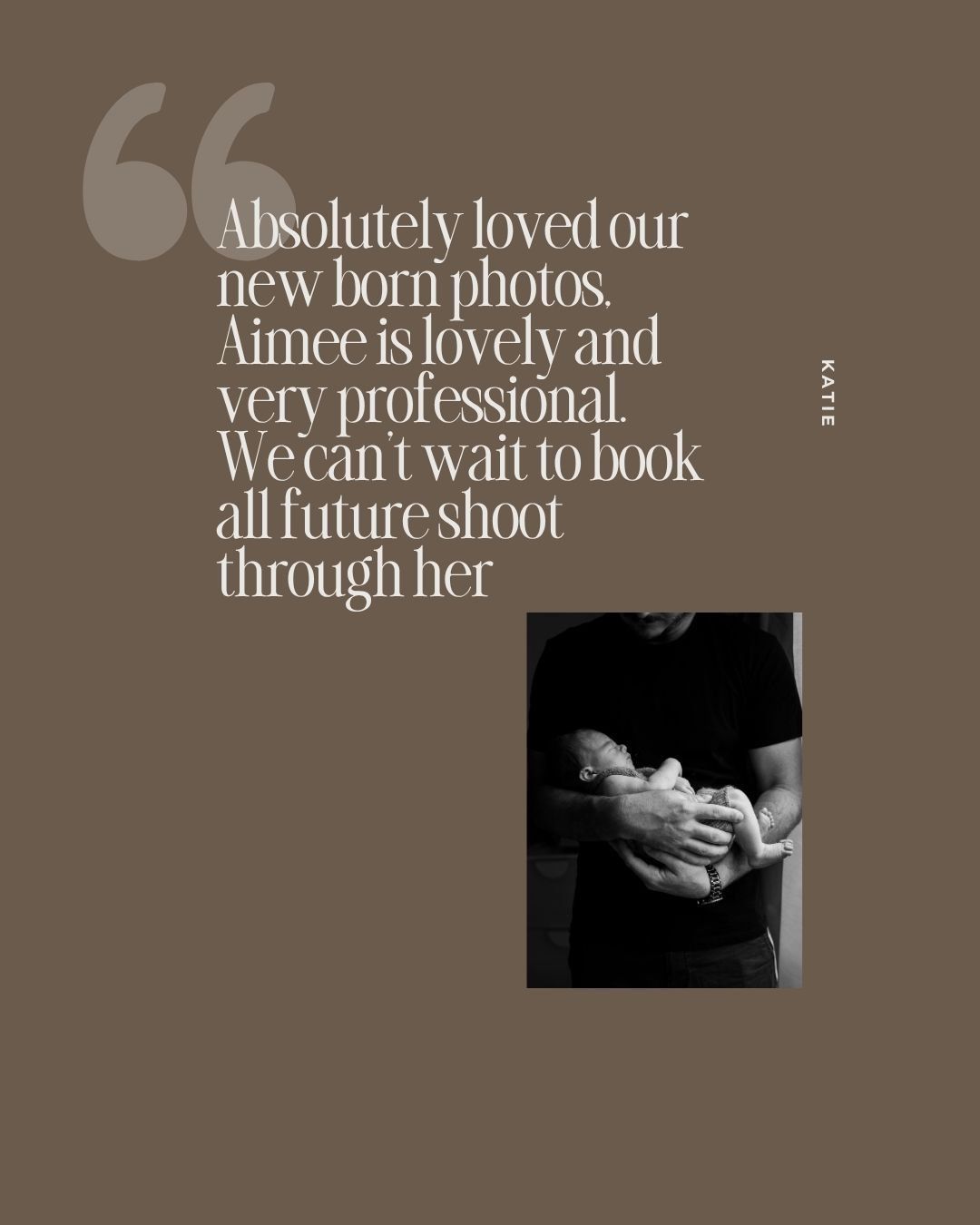 A glowing customer review praising newborn photography services, featuring a tender photo of a person cradling a sleeping newborn baby.