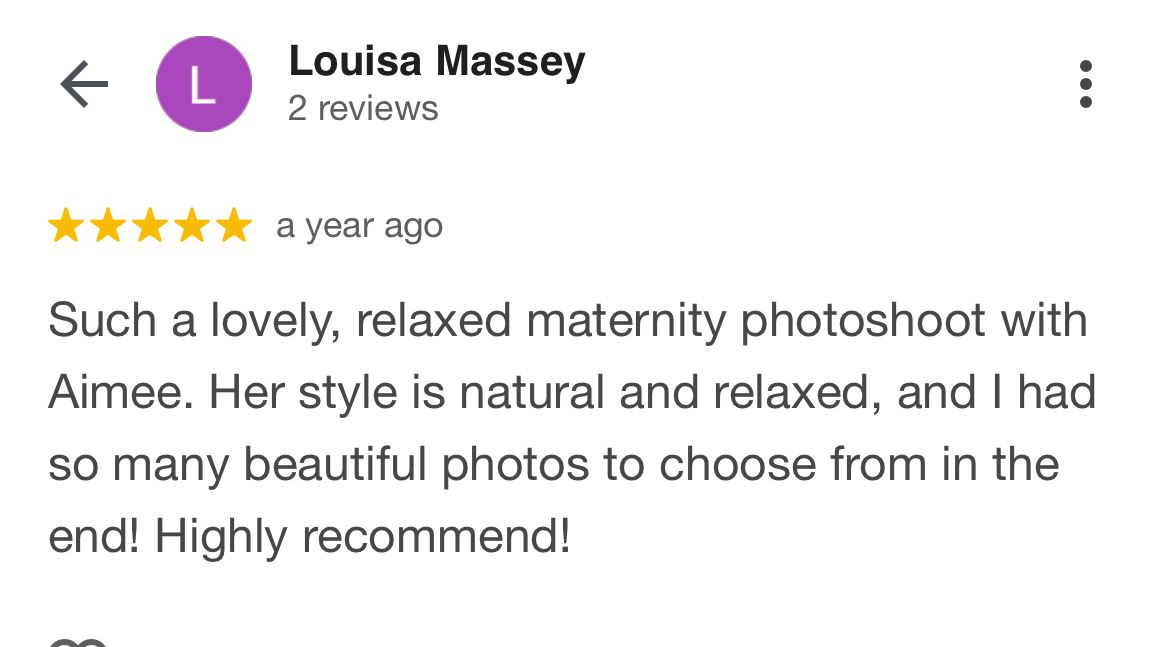 A 5-star review screenshot shows positive feedback about a relaxed maternity photoshoot experience.
