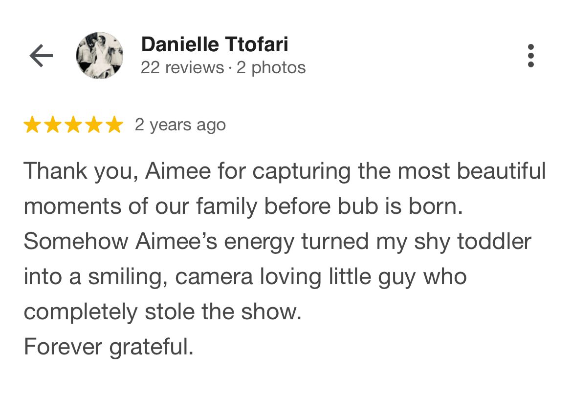 A five-star review from 2 years ago thanking photographer Aimee for capturing beautiful pre-baby family moments.