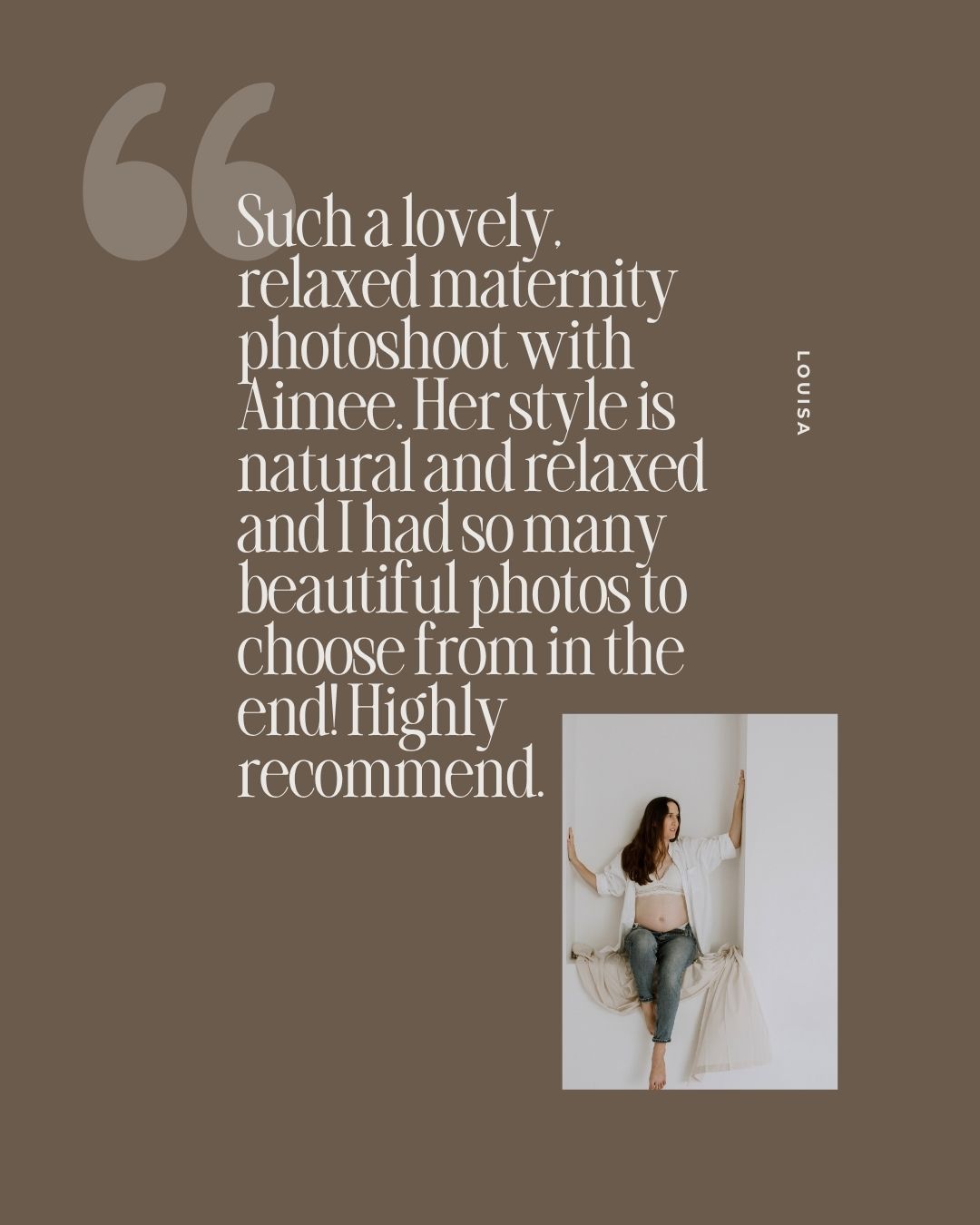 A glowing pregnant woman poses gracefully in a bright studio, featured in a five-star maternity photography testimonial.