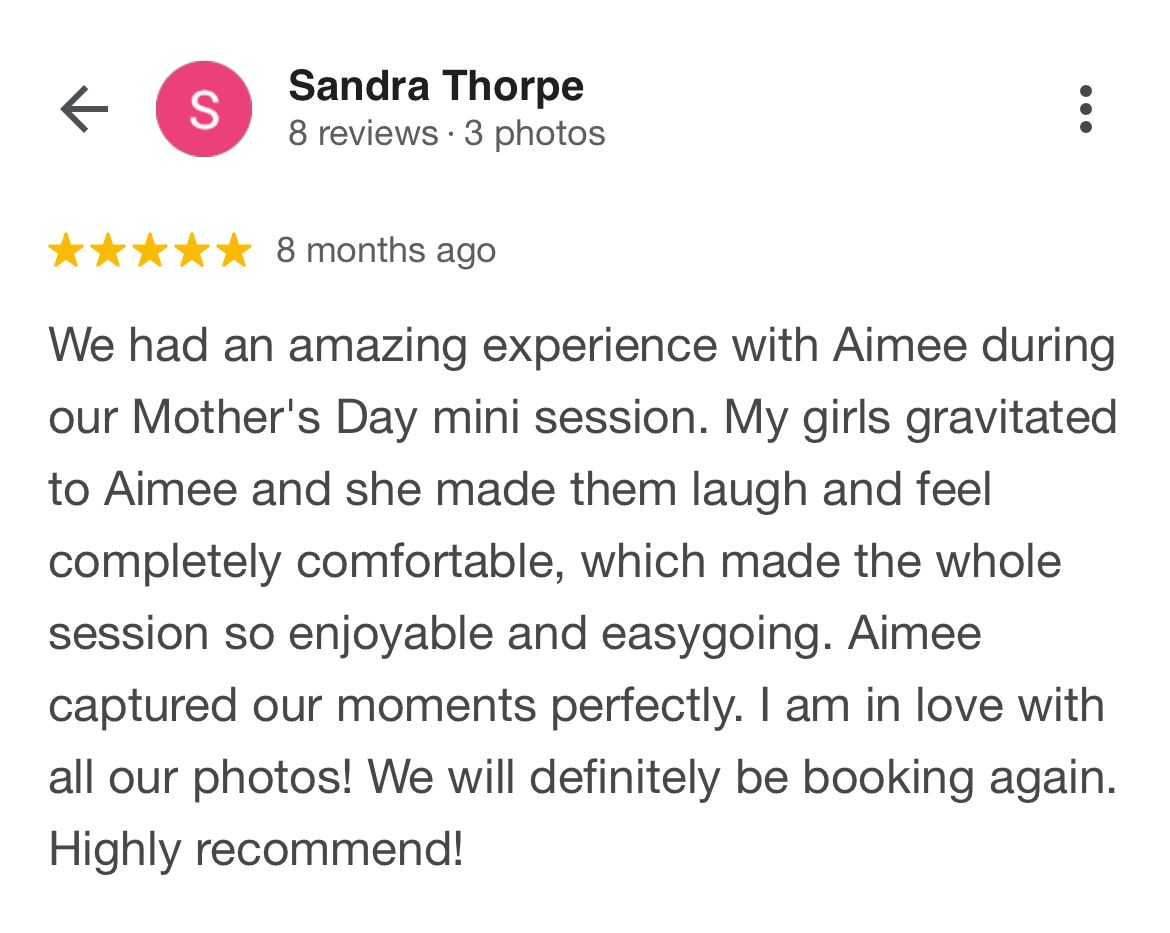 A 5-star Google review praising a photographer's work during a mother's day photo session.