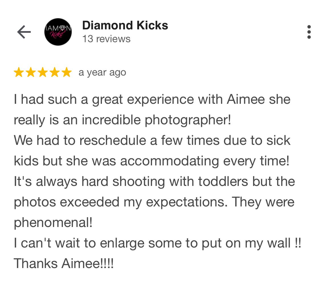 A screenshot of a positive 5-star customer review praising a photography session with details about rescheduling and photo quality.