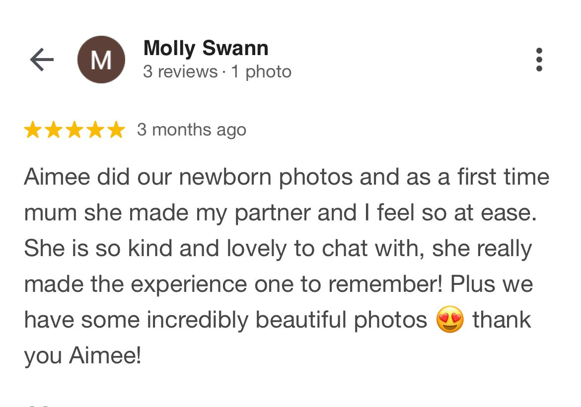 A 5-star review praising a newborn photography session with Aimee, highlighting her kind and welcoming approach.