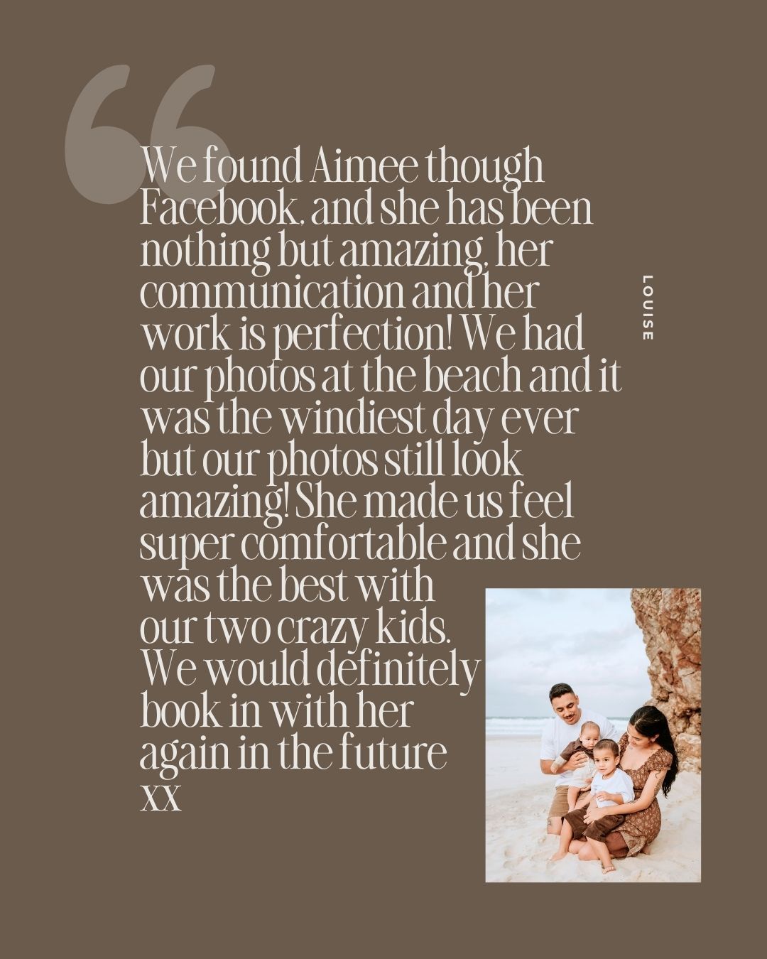 A glowing client testimonial for photographer Aimee beside a beach family photo with parents and two young children.
